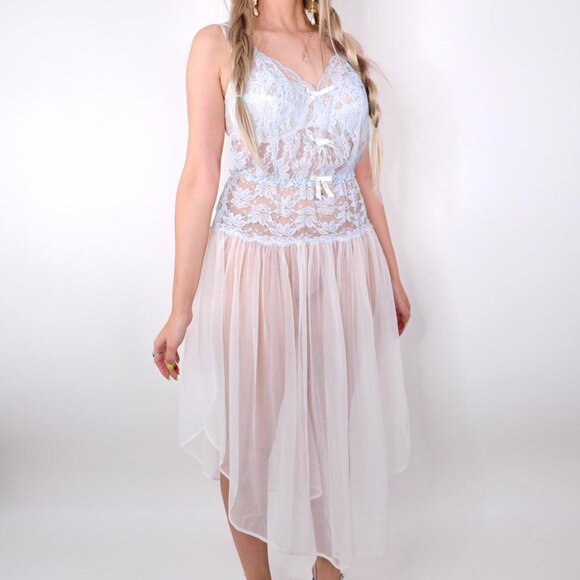 VINTAGE BLUE LACE BACKLESS SLIP DRESS - Picture 1 of 7